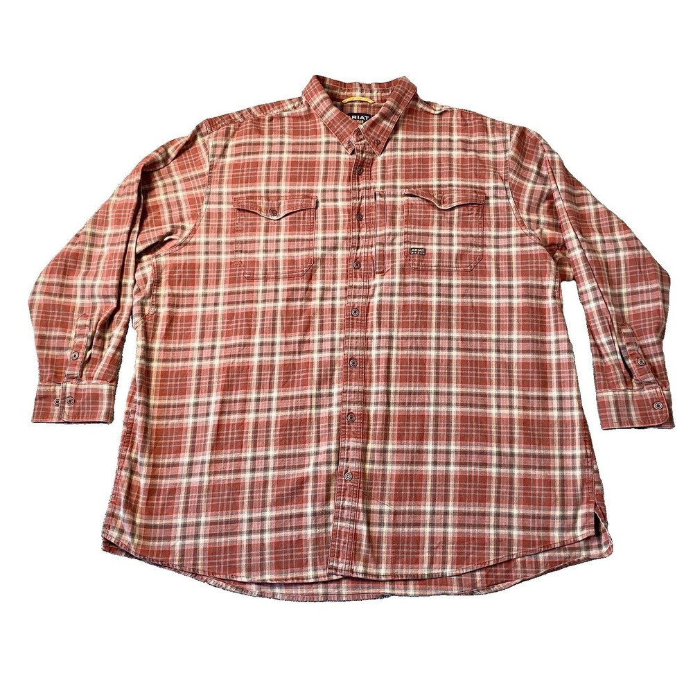 Ariat Rebar Mens 4XL Flannel DuraStretch Shirt Brick Red/Brown Plaid Flex Tough